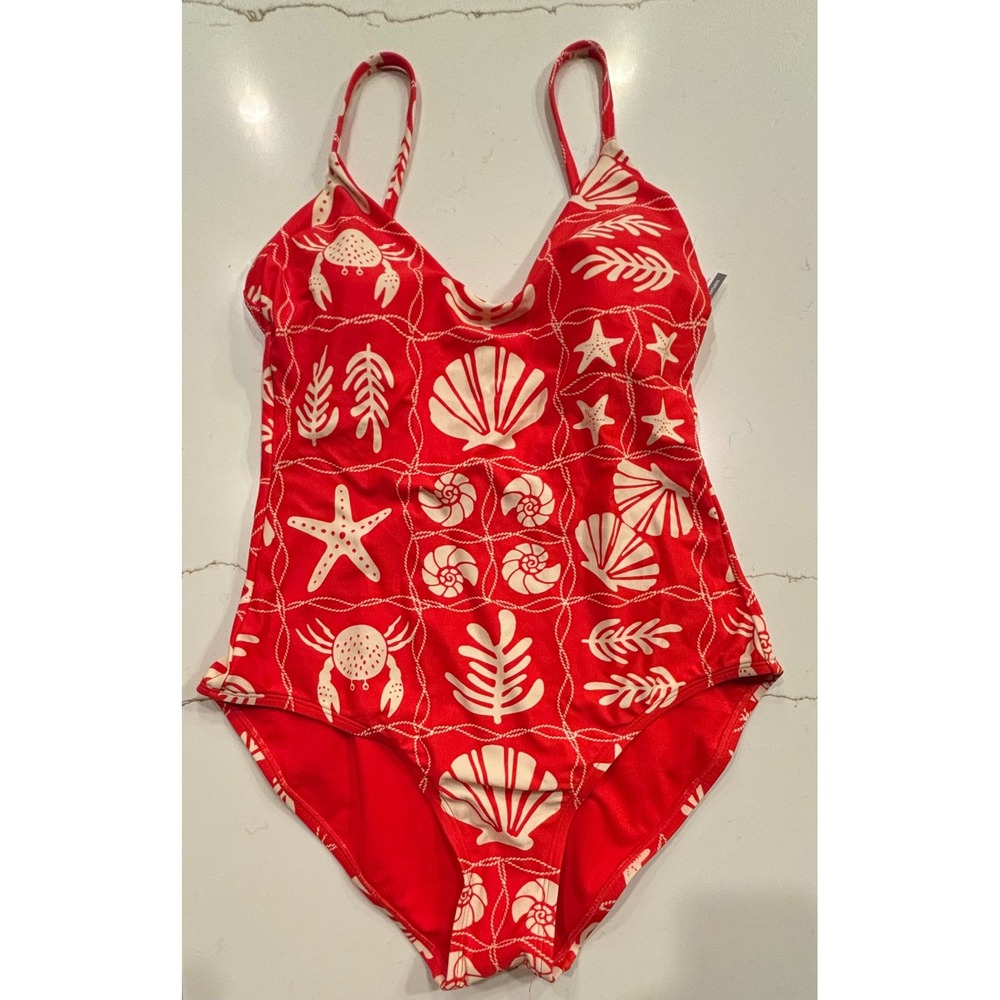 Medium LOFT One Piece Swimsuit Womens Red Nautical Starfish Shell Print NEW